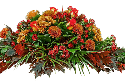 Buchet funerar - Flori de sezon - crizantema Dalie - trandafiri Tros - Brassica